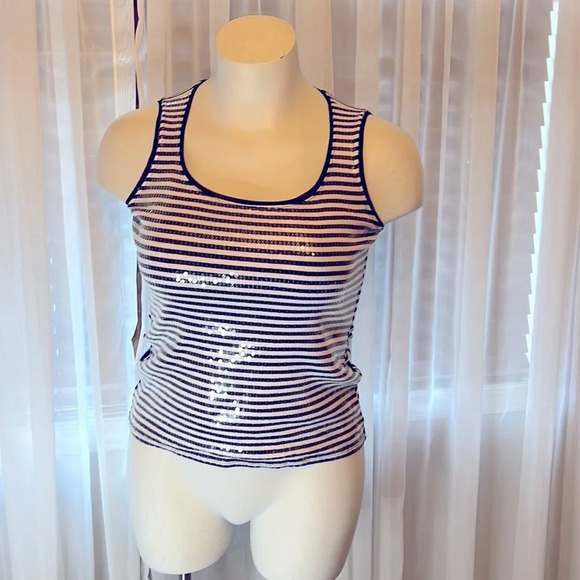 Sequin, wetlook, black and white striped  tank - Picture 1 of 7